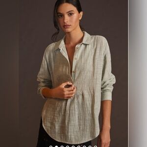 Anthropologie v neck gauzy popover tunic top blouse size M linen feel pinstriped